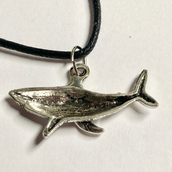 Silver Shark Necklace Black Cord 22" Plated Sea Life Surfer Style Mens Womens - Picture 3 of 6